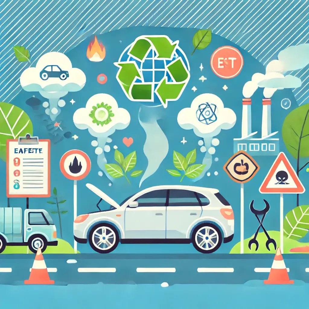 DALL·E 2024-10-15 09.51.18 - Illustration of car emissions with environmental symbols such as earth and leaves, along with road safety signs and a car maintenance scene, informati