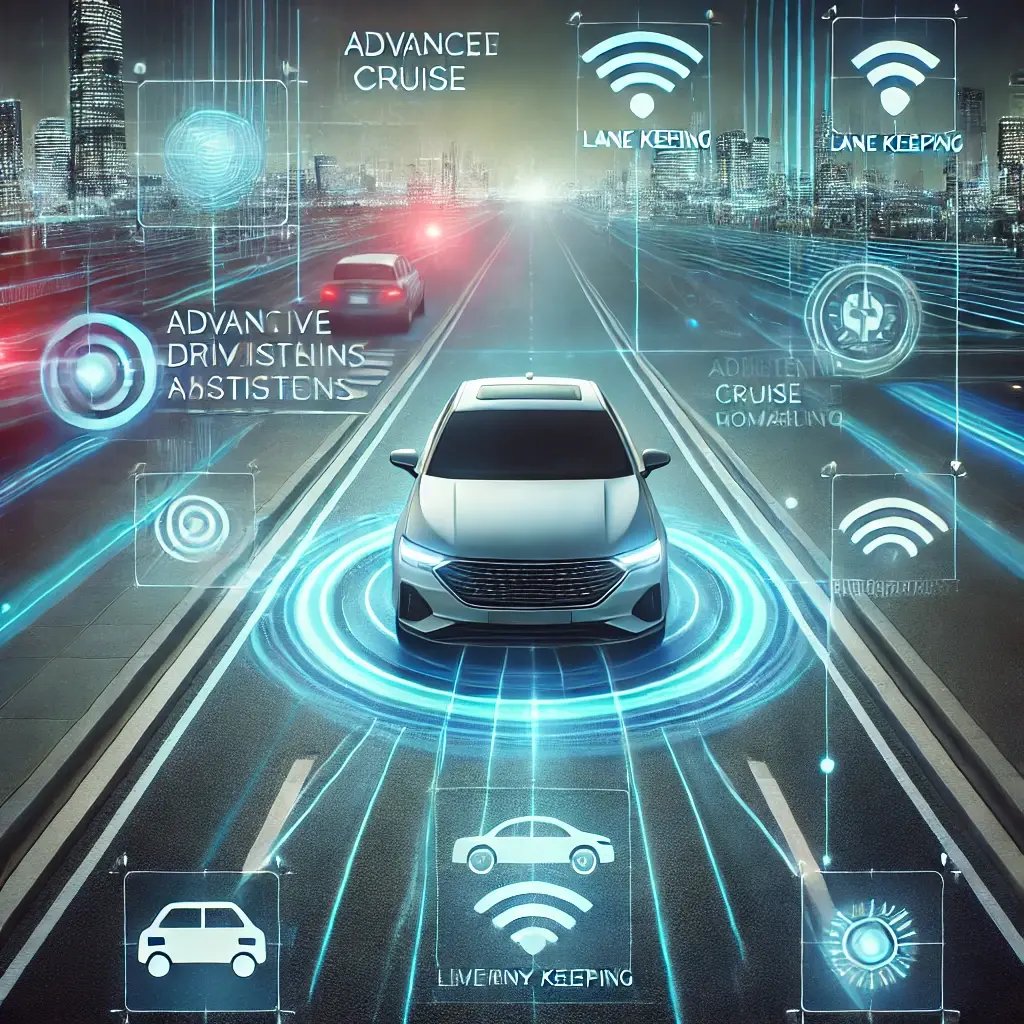 DALL·E 2024-10-29 15.02.46 - Illustration of Advanced Driver Assistance Systems (ADAS) in a modern car. The image shows a car on a road with visual depictions of ADAS features suc